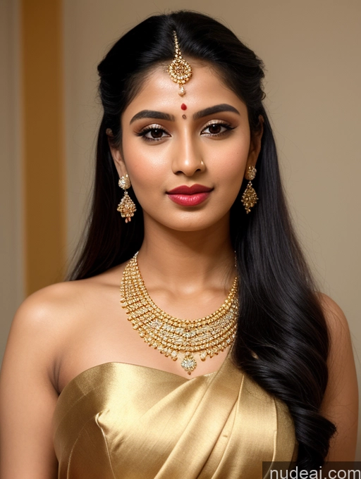 ai nude image of araffe woman in a gold dress with a gold necklace and earrings pics of Woman Beautiful Lipstick Oiled Body 18 Pouting Lips Black Hair Ponytail Indian 3d Traditional Wedding Diamond Jewelry Gold Jewelry Jewelry Pearl Jewelry Bright Lighting Sexy Face Sari Angel