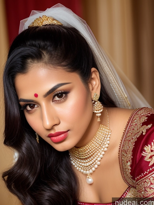 ai nude image of a close up of a woman wearing a red and gold outfit pics of Woman Beautiful Lipstick Oiled Body 18 Pouting Lips Black Hair Ponytail Indian Traditional Wedding Diamond Jewelry Gold Jewelry Jewelry Pearl Jewelry Bright Lighting Sexy Face Sari Angel Vintage