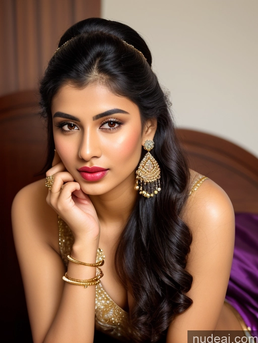 ai nude image of araffe woman in a purple dress posing for a picture pics of Woman Beautiful Lipstick Oiled Body 18 Pouting Lips Black Hair Ponytail Indian Traditional Wedding Diamond Jewelry Gold Jewelry Jewelry Pearl Jewelry Bright Lighting Sexy Face Sari Angel Vintage