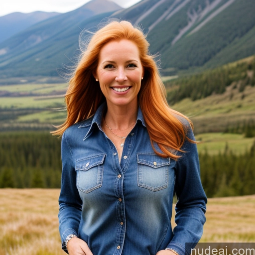 ai nude image of smiling woman in denim shirt standing in field with mountains in background pics of One Perfect Boobs Mountains Front View Jeans Long Hair Jacket Blouse Irish Blonde 40s Happy Model