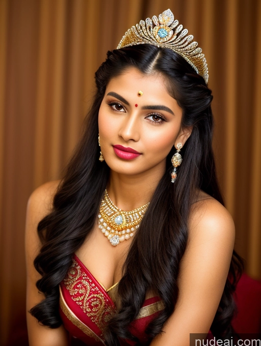 ai nude image of arafed woman wearing a tiable and a red dress with a gold crown pics of Beautiful Lipstick Oiled Body 18 Pouting Lips Black Hair Indian Traditional Wedding Diamond Jewelry Gold Jewelry Jewelry Pearl Jewelry Bright Lighting Sexy Face Sari Angel Vintage Miss Universe Model Braided Casual