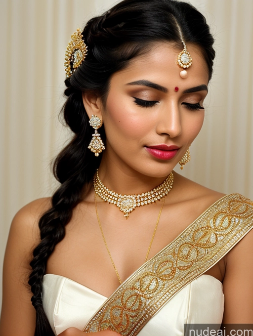 ai nude image of araffe woman with a gold and white sari and jewelry pics of Beautiful Lipstick Oiled Body 18 Pouting Lips Black Hair Indian Traditional Wedding Diamond Jewelry Gold Jewelry Jewelry Pearl Jewelry Bright Lighting Sexy Face Sari Angel Vintage Miss Universe Model Braided Casual Orgasm