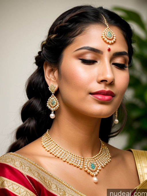 ai nude image of araffe woman in a red and gold sari with a necklace and earrings pics of Beautiful Lipstick Oiled Body 18 Pouting Lips Black Hair Indian Traditional Wedding Diamond Jewelry Gold Jewelry Jewelry Pearl Jewelry Bright Lighting Sexy Face Sari Angel Vintage Miss Universe Model Braided Casual Orgasm