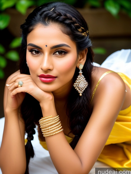 ai nude image of araffe woman in a yellow sari laying on a bed pics of Beautiful Lipstick Oiled Body 18 Pouting Lips Black Hair Indian Traditional Wedding Diamond Jewelry Gold Jewelry Jewelry Pearl Jewelry Bright Lighting Sexy Face Sari Angel Vintage Miss Universe Model Braided Casual