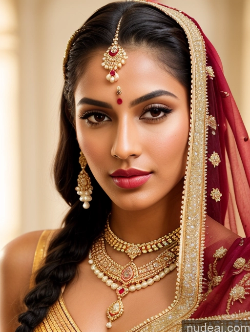 ai nude image of a close up of a woman wearing a red and gold outfit pics of Beautiful Lipstick Oiled Body 18 Pouting Lips Black Hair Indian Traditional Wedding Diamond Jewelry Gold Jewelry Jewelry Pearl Jewelry Bright Lighting Sexy Face Sari Angel Vintage Miss Universe Model Braided Perfect Body