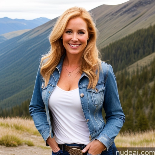 ai nude image of blond woman in jeans jacket and white shirt standing in front of mountains pics of One Perfect Boobs Mountains Front View Jeans Long Hair Jacket Blouse Blonde 40s Happy Model Western Irish Cleavage Transparent