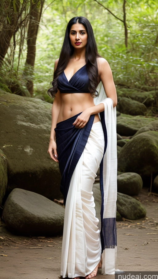 ai nude image of araffe woman in a sari posing in a forest pics of Woman One Small Tits Lipstick Small Ass Abs Tall Pubic Hair Fairer Skin Black Hair Long Hair Indian 30s Sari