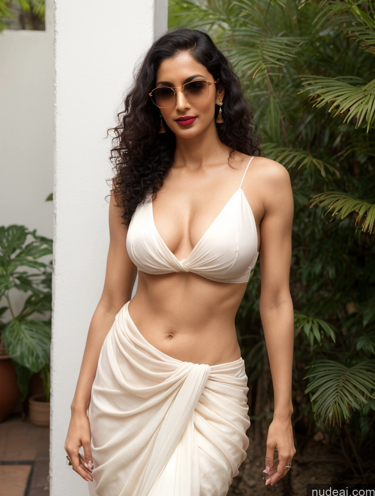 ai nude image of araffe woman in a white dress and sunglasses posing for a picture pics of Woman One Small Tits Lipstick Small Ass Abs Tall Pubic Hair Fairer Skin Black Hair Indian 30s Sari Sunglasses Curly Hair