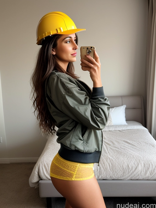 ai nude image of arafed woman in a hard hat taking a selfie in a bedroom pics of Woman One Busty Huge Boobs Perfect Boobs Beautiful Big Ass Long Legs Tall Messy Arabic Middle Eastern White 3d Bedroom Front View Side View Back View Looking At Sky 90s Bomber Construction Worker