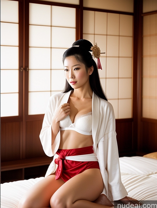 ai nude image of there is a woman in a kimono sitting on a bed pics of Athlete One Perfect Body Fairer Skin 30s Seductive Black Hair Long Hair Japanese Film Photo Bedroom Front View Cooking Bra Bikini Bathrobe Geisha Detailed