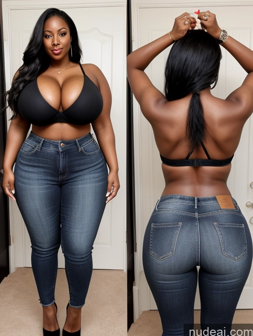 ai nude image of araffe woman in a black bra top and jeans posing for a picture pics of Woman One Huge Boobs Perfect Boobs Beautiful Big Ass Thick Big Hips Perfect Body 30s Black Hair Ponytail African Cleavage Detailed High Heels Jeans Shirt