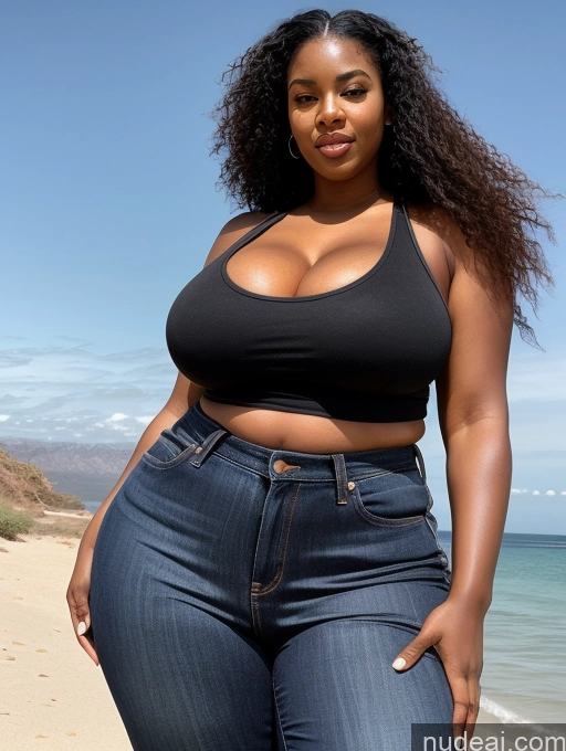 ai nude image of araffe woman in black top and jeans standing on beach pics of Woman One Huge Boobs Perfect Boobs Beautiful Big Ass Big Hips Perfect Body 30s Black Hair African Detailed Long Hair Jeans Tank Top