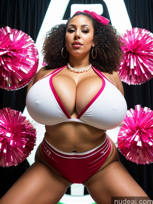 ai nude image of araffe woman in a bikini with pom poms posing for a picture pics of Busty Huge Boobs Beautiful Big Ass Thick Big Hips 40s White Cheerleader Cleavage Pearl Jewelry Dark Lighting Curly Hair Bending Over