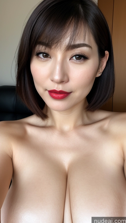 ai nude image of arafed asian woman with big breast posing for a picture pics of Woman One Huge Boobs Beautiful Lipstick Fairer Skin 30s Black Hair Close-up View Detailed Japanese Bobcut Simple