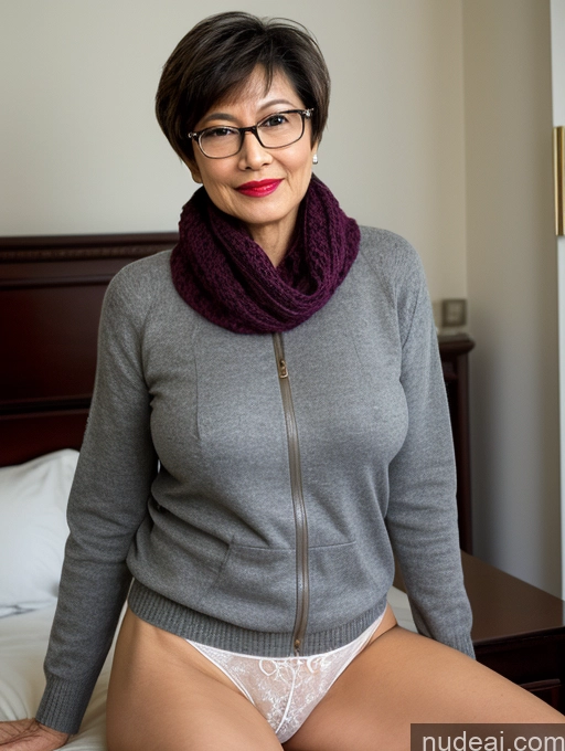 ai nude image of there is a woman sitting on a bed wearing a purple scarf pics of Milf Perfect Boobs Perfect Body Pubic Hair Beautiful Glasses Lipstick 60s Sexy Face Short Hair Chinese Bedroom Spreading Legs Casual Stylish Professor Secretary Sweater Partially Nude Dark Lighting Detailed Scarf Topless