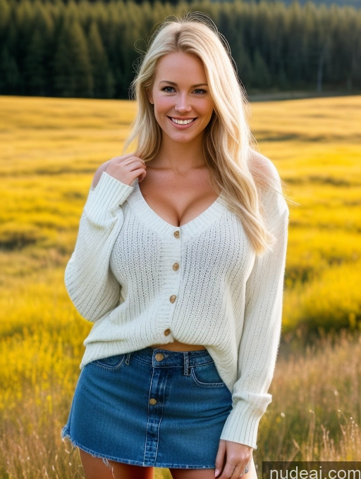 ai nude image of arafed blonde woman in a field of tall grass pics of Huge Boobs 20s Happy Sexy Face Blonde Scandinavian Jeans Mini Skirt Western Sweater Bright Lighting Meadow