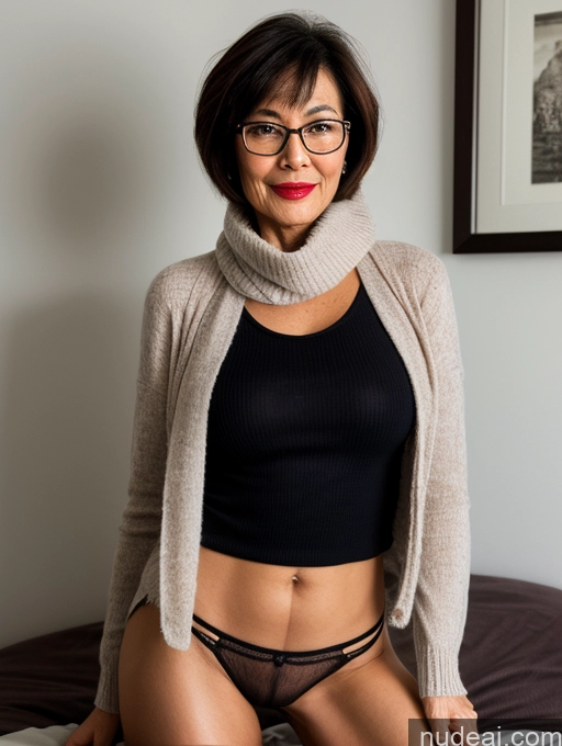 ai nude image of there is a woman in a black top and a tan cardigan pics of Milf Perfect Boobs Perfect Body Pubic Hair Beautiful Glasses Lipstick 60s Sexy Face Short Hair Chinese Bedroom Spreading Legs Casual Stylish Professor Secretary Sweater Partially Nude Dark Lighting Detailed Scarf Topless