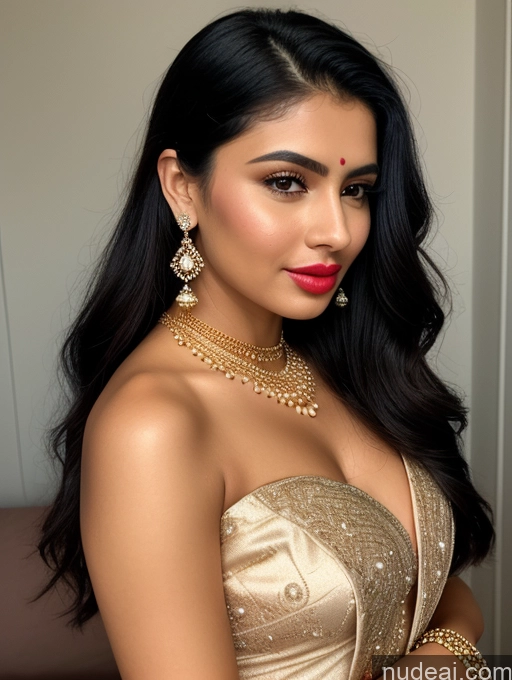 ai nude image of araffe woman in a gold dress posing for a picture pics of Woman Beautiful Lipstick Oiled Body 18 Pouting Lips Black Hair Ponytail Vintage Angel Sari Traditional Wedding Diamond Jewelry Gold Jewelry Jewelry Pearl Jewelry Bright Lighting Sexy Face White