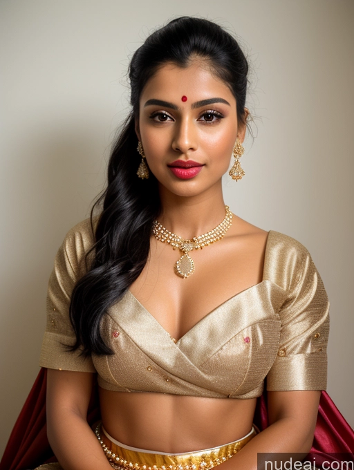 ai nude image of araffed woman in a gold blouse and red sari pics of Woman Beautiful Lipstick Oiled Body 18 Pouting Lips Black Hair Ponytail Vintage Angel Sari Traditional Wedding Diamond Jewelry Gold Jewelry Jewelry Pearl Jewelry Bright Lighting Sexy Face White