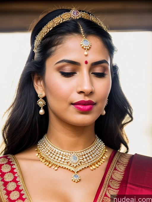 ai nude image of a close up of a woman wearing a red sari and a gold necklace pics of Woman Beautiful Lipstick Oiled Body 18 Pouting Lips Black Hair Ponytail White Vintage Angel Sari Traditional Wedding Diamond Jewelry Gold Jewelry Jewelry Pearl Jewelry Bright Lighting Sexy Face Orgasm