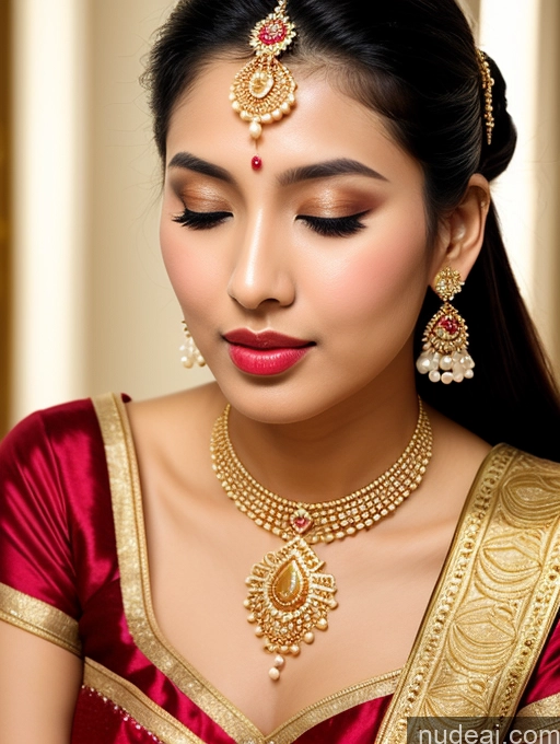 ai nude image of a close up of a woman wearing a red and gold outfit pics of Woman Beautiful Lipstick Oiled Body 18 Pouting Lips Black Hair Ponytail Vintage Angel Sari Traditional Wedding Diamond Jewelry Gold Jewelry Jewelry Pearl Jewelry Bright Lighting Sexy Face Orgasm Korean