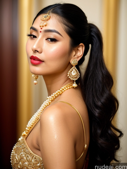 ai nude image of araffe woman with a gold dress and pearl necklace and earrings pics of Woman Beautiful Lipstick Oiled Body 18 Pouting Lips Black Hair Ponytail Vintage Angel Sari Traditional Wedding Diamond Jewelry Gold Jewelry Jewelry Pearl Jewelry Bright Lighting Sexy Face Orgasm Korean