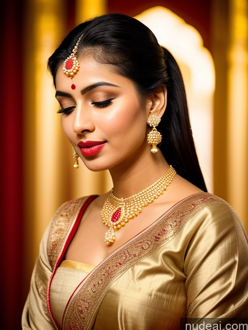 ai nude image of arafed woman in a gold sari with a red and gold necklace pics of Woman Beautiful Lipstick Oiled Body 18 Pouting Lips Black Hair Ponytail Vintage Angel Sari Traditional Wedding Diamond Jewelry Gold Jewelry Jewelry Pearl Jewelry Bright Lighting Sexy Face Orgasm Russian