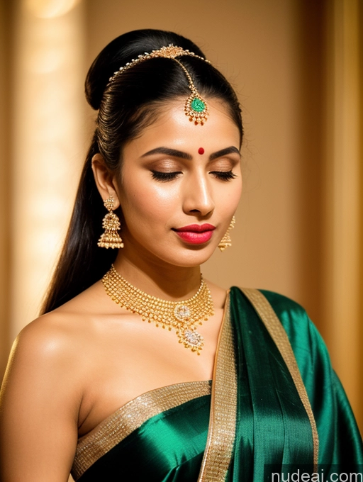 ai nude image of a close up of a woman wearing a green sari and a gold necklace pics of Woman Beautiful Lipstick Oiled Body 18 Pouting Lips Ponytail Vintage Angel Sari Traditional Wedding Diamond Jewelry Gold Jewelry Jewelry Pearl Jewelry Bright Lighting Sexy Face Orgasm Russian