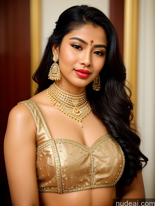 ai nude image of araffed woman in a gold dress with a necklace and earrings pics of Woman Beautiful Lipstick Oiled Body 18 Pouting Lips Ponytail Vintage Angel Sari Traditional Wedding Diamond Jewelry Gold Jewelry Jewelry Pearl Jewelry Bright Lighting Sexy Face Orgasm Thai