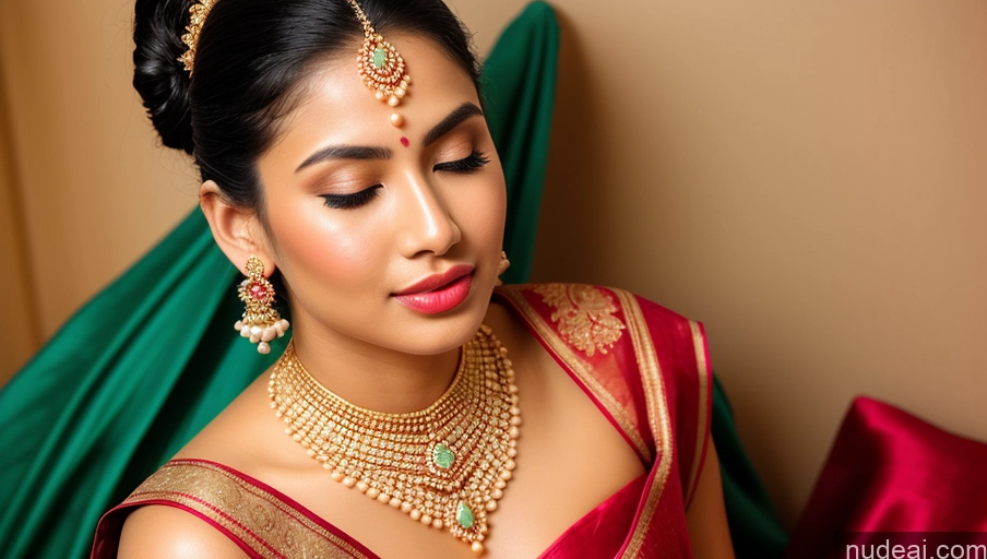 ai nude image of araffe woman in a red sari with a gold necklace and earrings pics of Woman Beautiful Lipstick Oiled Body 18 Pouting Lips Ponytail Vintage Angel Sari Traditional Wedding Diamond Jewelry Gold Jewelry Jewelry Pearl Jewelry Bright Lighting Sexy Face Orgasm Thai