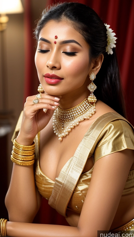 ai nude image of arafed woman in a gold sari with a flower in her hair pics of Woman Beautiful Lipstick Oiled Body 18 Pouting Lips Ponytail Vintage Angel Sari Traditional Wedding Diamond Jewelry Gold Jewelry Jewelry Pearl Jewelry Bright Lighting Sexy Face Orgasm Thai