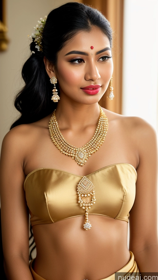 ai nude image of arafed woman in a gold dress with a necklace and earrings pics of Woman Beautiful Lipstick Oiled Body 18 Pouting Lips Ponytail Vintage Angel Sari Traditional Wedding Diamond Jewelry Gold Jewelry Jewelry Pearl Jewelry Bright Lighting Sexy Face Orgasm Thai