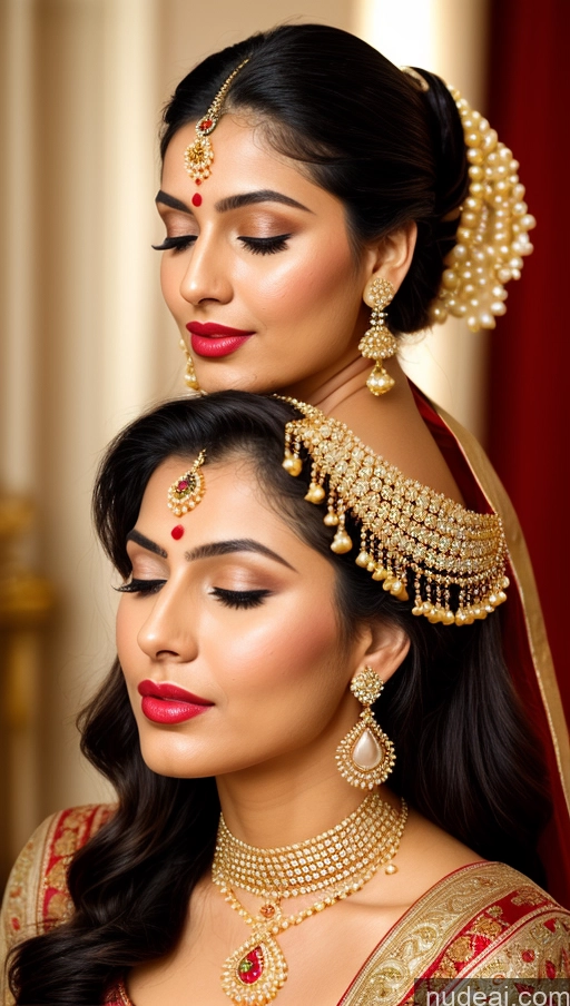 ai nude image of brides in traditional indian bridal attire with red lipstick and gold jewelry pics of Woman Beautiful Lipstick Oiled Body 18 Pouting Lips Ponytail Vintage Angel Sari Traditional Wedding Diamond Jewelry Gold Jewelry Jewelry Pearl Jewelry Bright Lighting Sexy Face Orgasm Turkish