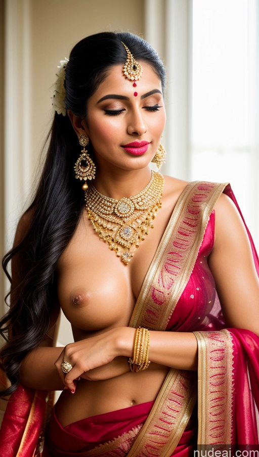 ai nude image of a close up of a woman in a sari posing for a picture pics of Woman Beautiful Lipstick Oiled Body 18 Pouting Lips Ponytail Vintage Angel Sari Traditional Wedding Diamond Jewelry Gold Jewelry Jewelry Pearl Jewelry Bright Lighting Sexy Face Orgasm Turkish