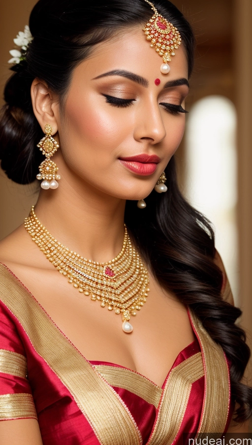 ai nude image of a close up of a woman wearing a red and gold dress pics of Woman Beautiful Lipstick Oiled Body 18 Pouting Lips Ponytail Vintage Angel Sari Traditional Wedding Diamond Jewelry Gold Jewelry Jewelry Pearl Jewelry Bright Lighting Sexy Face Orgasm Turkish