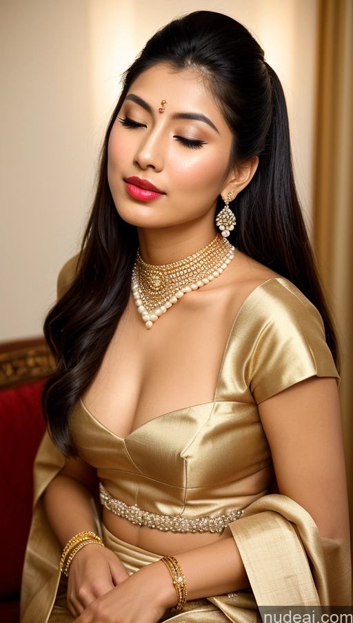 ai nude image of araffe woman in a gold dress with a necklace and earrings pics of Woman Beautiful Lipstick Oiled Body 18 Pouting Lips Ponytail Vintage Angel Sari Traditional Wedding Diamond Jewelry Gold Jewelry Jewelry Pearl Jewelry Bright Lighting Sexy Face Orgasm Japanese