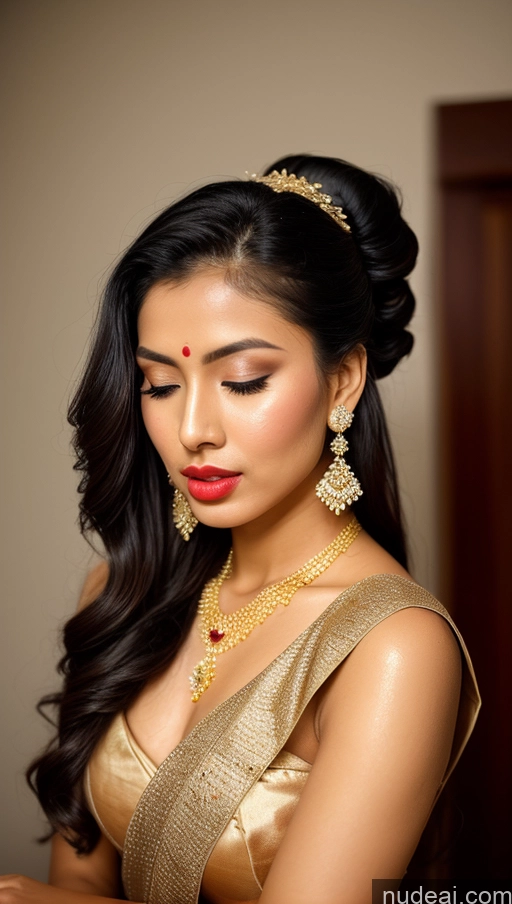 ai nude image of arafed woman in a gold dress with a red lipstick and a gold necklace pics of Beautiful Lipstick Oiled Body 18 Pouting Lips Ponytail Vintage Angel Sari Traditional Wedding Diamond Jewelry Gold Jewelry Jewelry Pearl Jewelry Bright Lighting Sexy Face Orgasm Asian