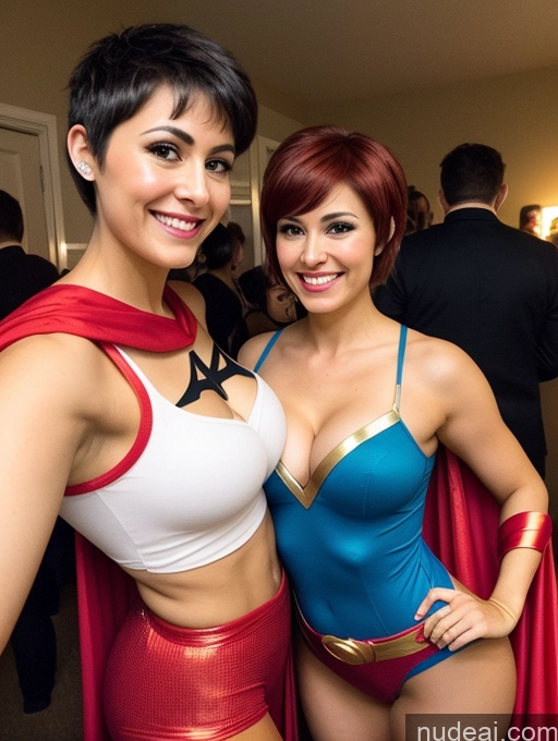 ai nude image of there are two women dressed up as superheros posing for a picture pics of Superheroine Busty Big Ass Big Hips Short Pubic Hair Hairy Women 50s Happy Brunette Pixie White Cosplay Superhero Party Thick