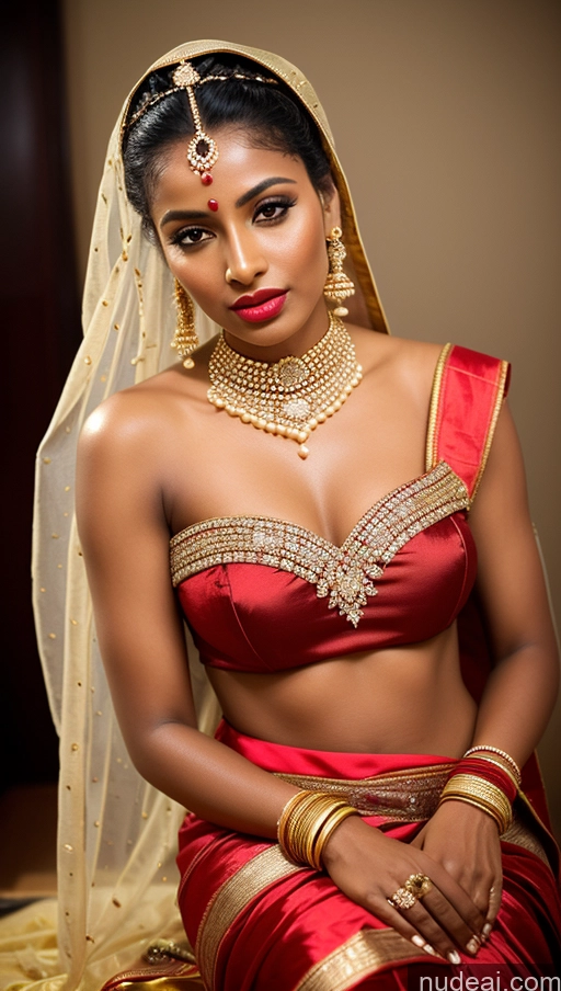 ai nude image of arafed woman in a red and gold outfit posing for a picture pics of Beautiful Lipstick Oiled Body 18 Pouting Lips Ponytail Vintage Angel Sari Traditional Wedding Diamond Jewelry Gold Jewelry Jewelry Pearl Jewelry Bright Lighting Sexy Face Orgasm African