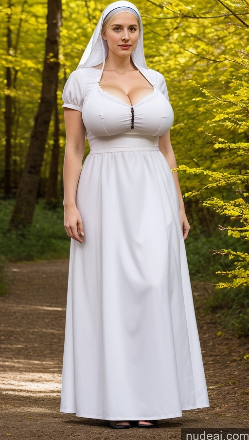 ai nude image of arafed woman in a white dress and a white veil stands in a wooded area pics of Huge Boobs Busty Perfect Boobs Big Ass Thick Big Hips Perfect Body Fairer Skin White Hair Long Hair Western Nun Partially Nude Dirndl Traditional Irish Bright Lighting