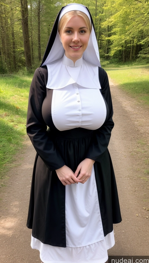 ai nude image of arafed woman dressed in a nun costume standing on a path pics of Huge Boobs Busty Perfect Boobs Big Ass Thick Big Hips Perfect Body Fairer Skin White Hair Long Hair Western Nun Partially Nude Dirndl Traditional Irish Bright Lighting