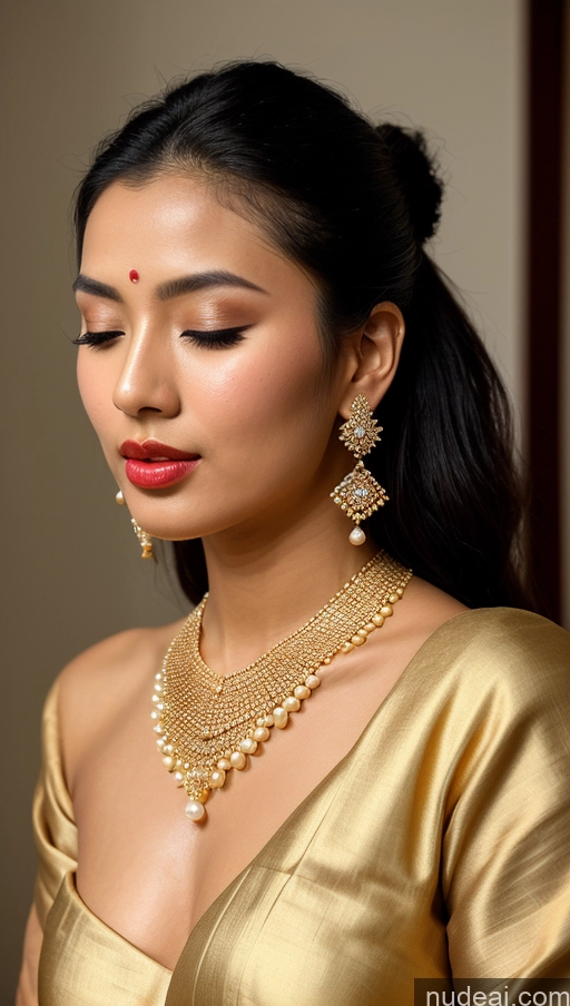 ai nude image of arafed woman in a gold dress with a necklace and earrings pics of Beautiful Lipstick Oiled Body 18 Pouting Lips Ponytail Vintage Angel Sari Traditional Wedding Diamond Jewelry Gold Jewelry Jewelry Pearl Jewelry Bright Lighting Sexy Face Orgasm Chinese