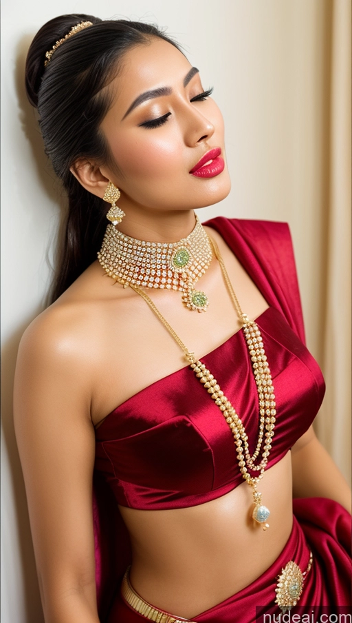 ai nude image of araffe woman in a red dress with a necklace and earrings pics of Beautiful Lipstick Oiled Body 18 Pouting Lips Ponytail Vintage Angel Sari Traditional Wedding Diamond Jewelry Gold Jewelry Jewelry Pearl Jewelry Bright Lighting Sexy Face Orgasm Chinese