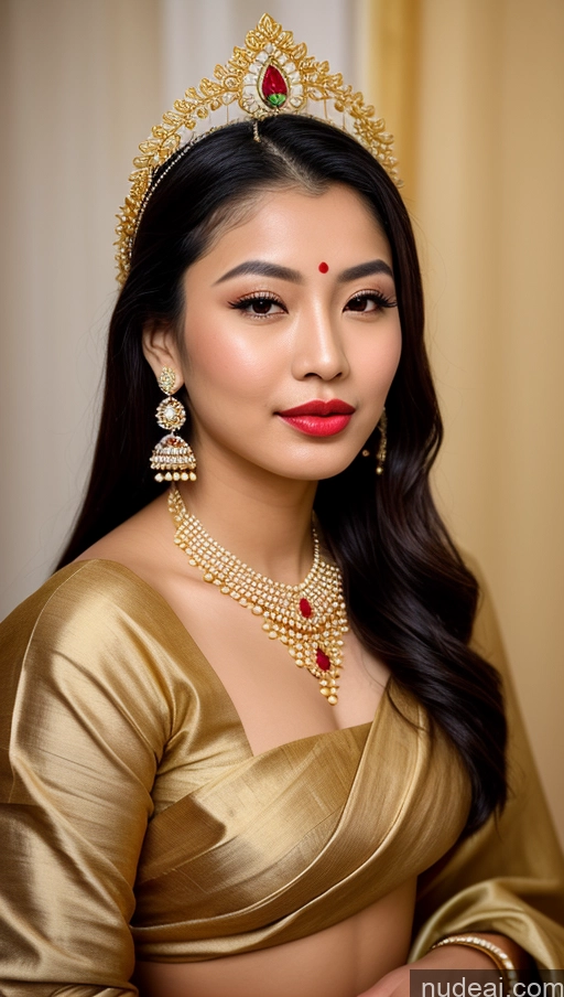 ai nude image of arafed woman wearing a gold dress and a tiable with a red jewel pics of Beautiful Lipstick Oiled Body 18 Pouting Lips Ponytail Vintage Angel Sari Traditional Wedding Diamond Jewelry Gold Jewelry Jewelry Pearl Jewelry Bright Lighting Sexy Face Orgasm Chinese