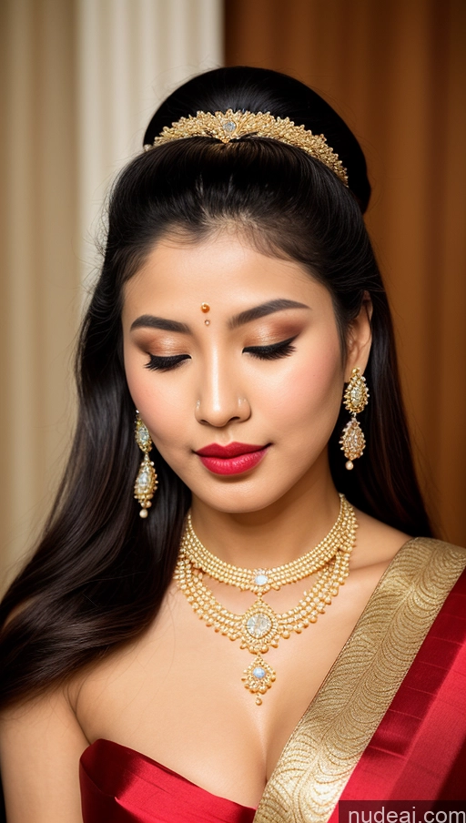 ai nude image of arafed woman in a red dress with a gold necklace and earrings pics of Beautiful Lipstick Oiled Body 18 Pouting Lips Ponytail Vintage Angel Sari Traditional Wedding Diamond Jewelry Gold Jewelry Jewelry Pearl Jewelry Bright Lighting Sexy Face Orgasm Korean