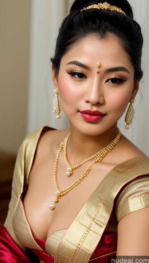 ai nude image of araffe woman in a red and gold sari with a gold necklace and earrings pics of Beautiful Lipstick Oiled Body 18 Pouting Lips Ponytail Vintage Angel Sari Traditional Wedding Diamond Jewelry Gold Jewelry Jewelry Pearl Jewelry Bright Lighting Sexy Face Orgasm Korean