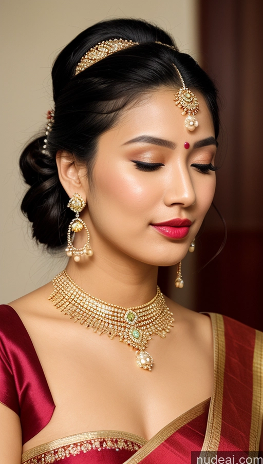 ai nude image of a close up of a woman wearing a red and gold sari pics of Beautiful Lipstick Oiled Body 18 Pouting Lips Ponytail Vintage Angel Sari Traditional Wedding Diamond Jewelry Gold Jewelry Jewelry Pearl Jewelry Bright Lighting Sexy Face Orgasm Korean