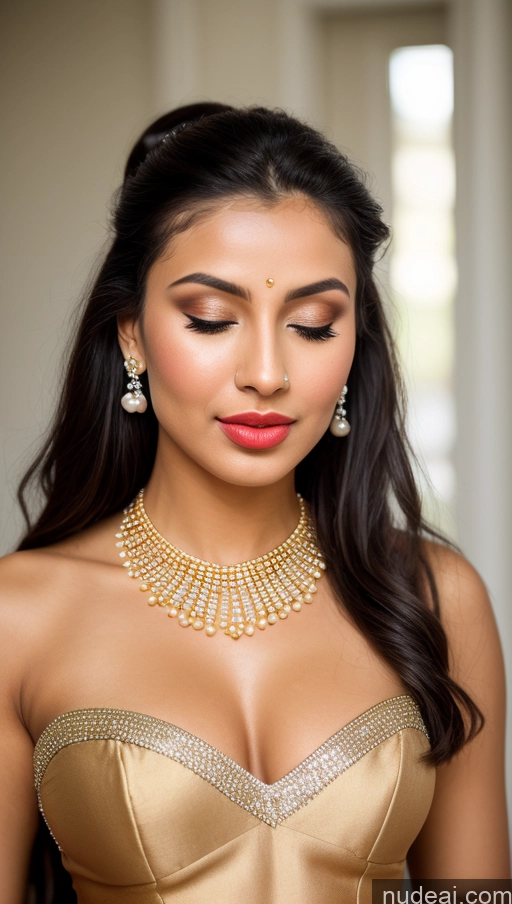 ai nude image of araffed woman in a gold dress with a necklace and earrings pics of Beautiful Lipstick Oiled Body 18 Pouting Lips Ponytail Vintage Angel Sari Traditional Wedding Diamond Jewelry Gold Jewelry Jewelry Pearl Jewelry Bright Lighting Sexy Face Orgasm Cleavage German