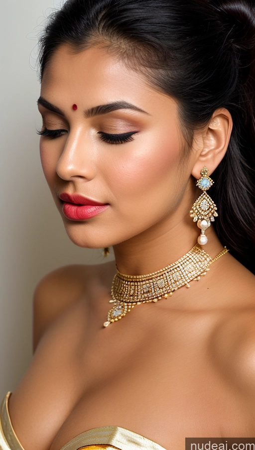 ai nude image of araffe woman with a gold dress and a necklace and earrings pics of Beautiful Lipstick Oiled Body 18 Pouting Lips Ponytail Vintage Angel Sari Traditional Wedding Diamond Jewelry Gold Jewelry Jewelry Pearl Jewelry Bright Lighting Sexy Face Orgasm Cleavage Native American