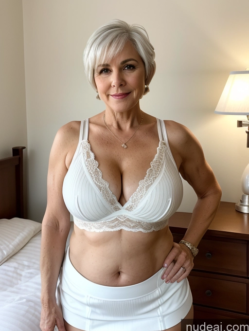 ai nude image of there is a woman in a white bra top and white shorts pics of Milf Busty Small Ass Skinny Pubic Hair 60s White Hair Pixie Bedroom Crop Top Micro Skirt Cleavage